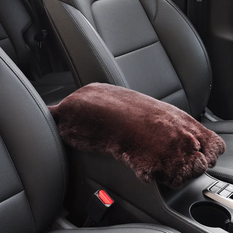 Rex rabbit fur car armrest cushion on center armrest box, beige colour, soft plush texture