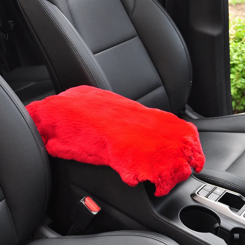 Rex rabbit fur car armrest cushion on center armrest box, beige colour, soft plush texture