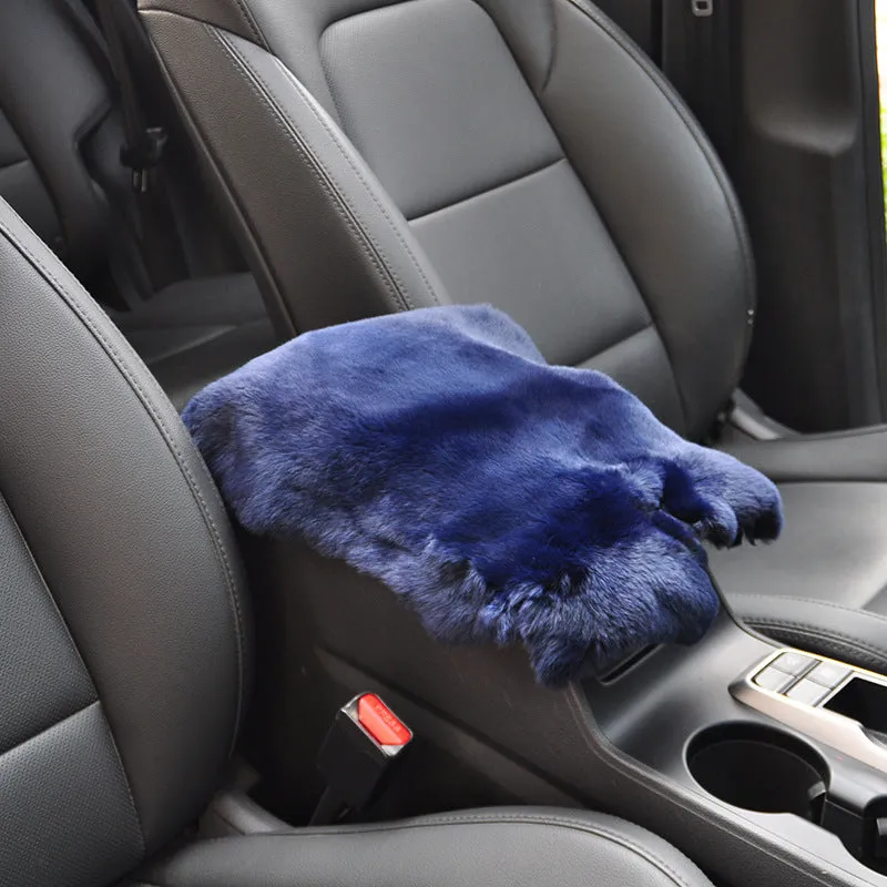 Rex rabbit fur car armrest cushion on center armrest box, beige colour, soft plush texture
