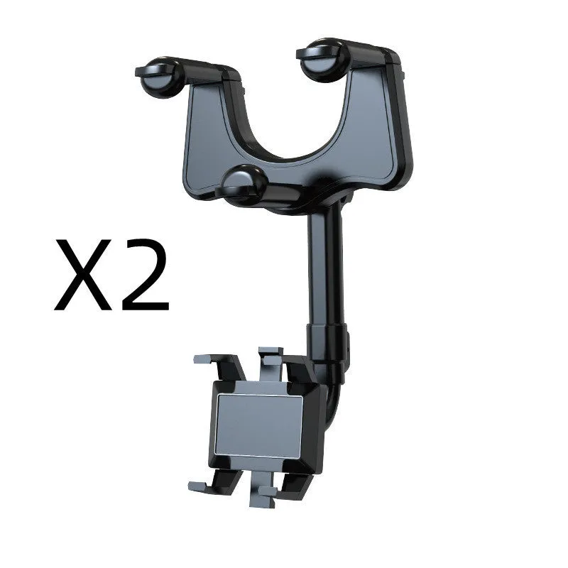 Black rearview mirror car phone holder extended, showing 360-degree rotation and four-claw phone grip.