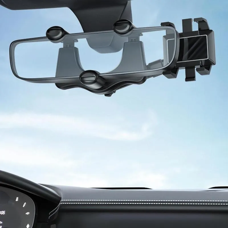 Black rearview mirror car phone holder extended, showing 360-degree rotation and four-claw phone grip.