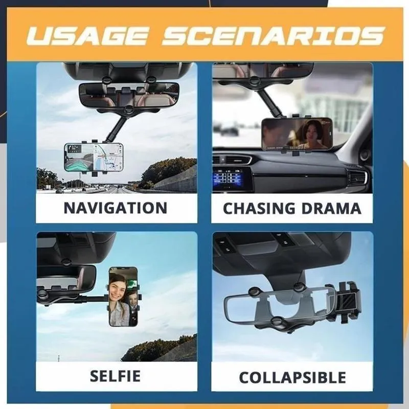 Black rearview mirror car phone holder extended, showing 360-degree rotation and four-claw phone grip.