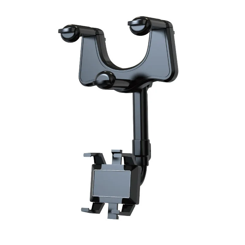 Black rearview mirror car phone holder extended, showing 360-degree rotation and four-claw phone grip.