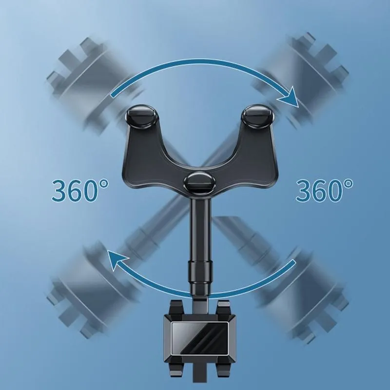 Black rearview mirror car phone holder extended, showing 360-degree rotation and four-claw phone grip.