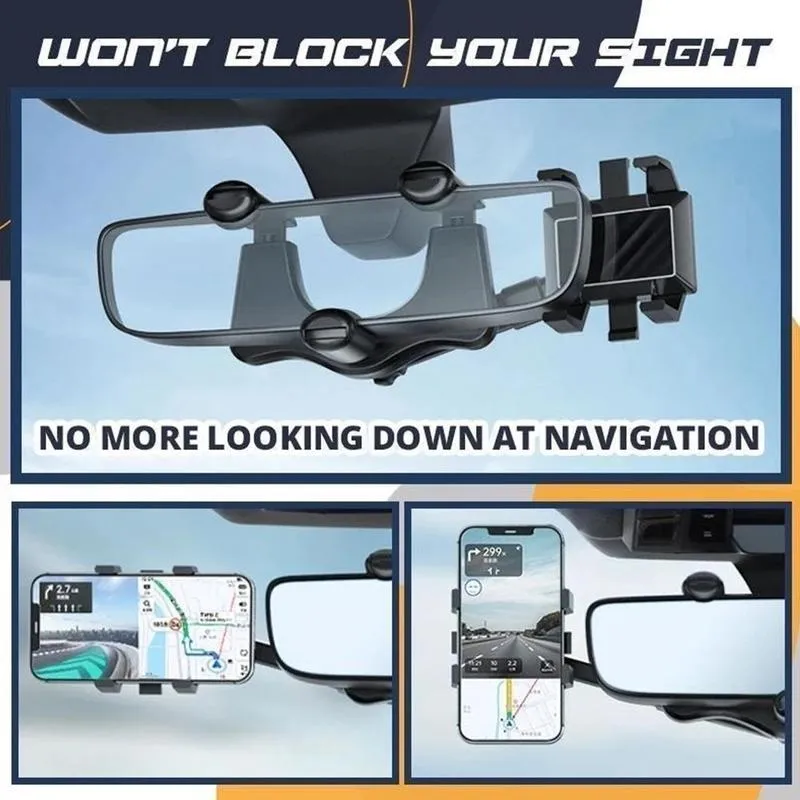 Black rearview mirror car phone holder extended, showing 360-degree rotation and four-claw phone grip.