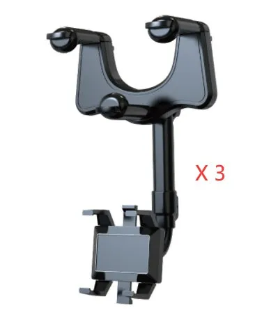 Black rearview mirror car phone holder extended, showing 360-degree rotation and four-claw phone grip.
