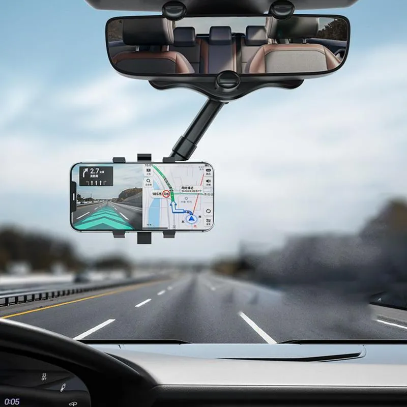 Black rearview mirror car phone holder extended, showing 360-degree rotation and four-claw phone grip.