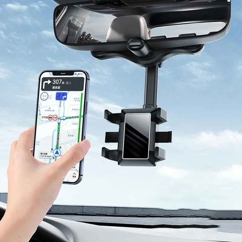 Black rearview mirror car phone holder extended, showing 360-degree rotation and four-claw phone grip.