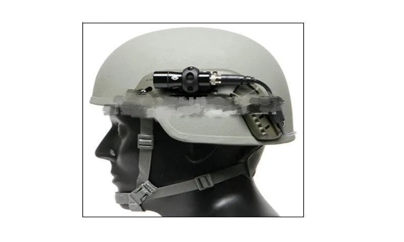 Black helmet flashlight socket mounted on MICH rail with Q5 flashlight fixture bracket