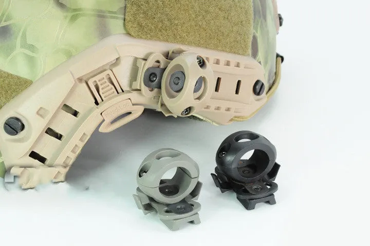 Black helmet flashlight socket mounted on MICH rail with Q5 flashlight fixture bracket