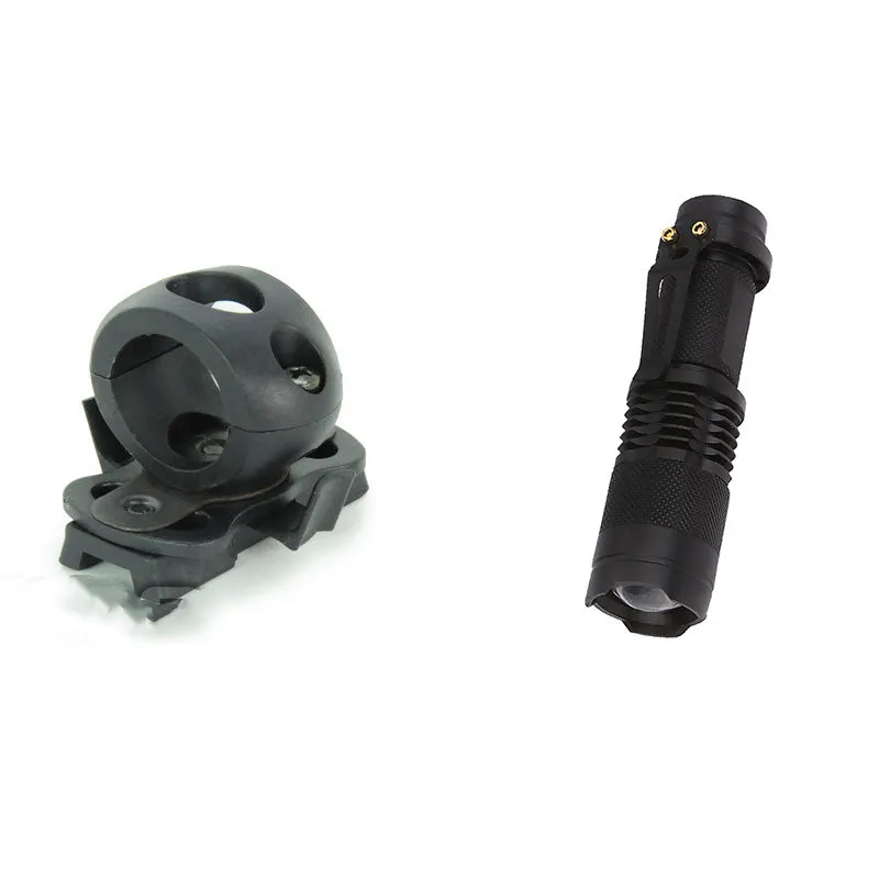 Black helmet flashlight socket mounted on MICH rail with Q5 flashlight fixture bracket