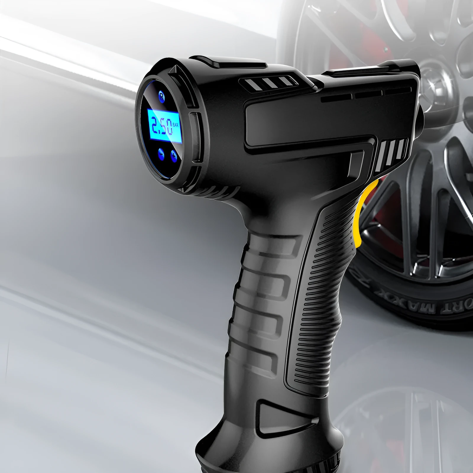 Black wireless charging car hand-held air pump with digital display and 150mm inflatable tube