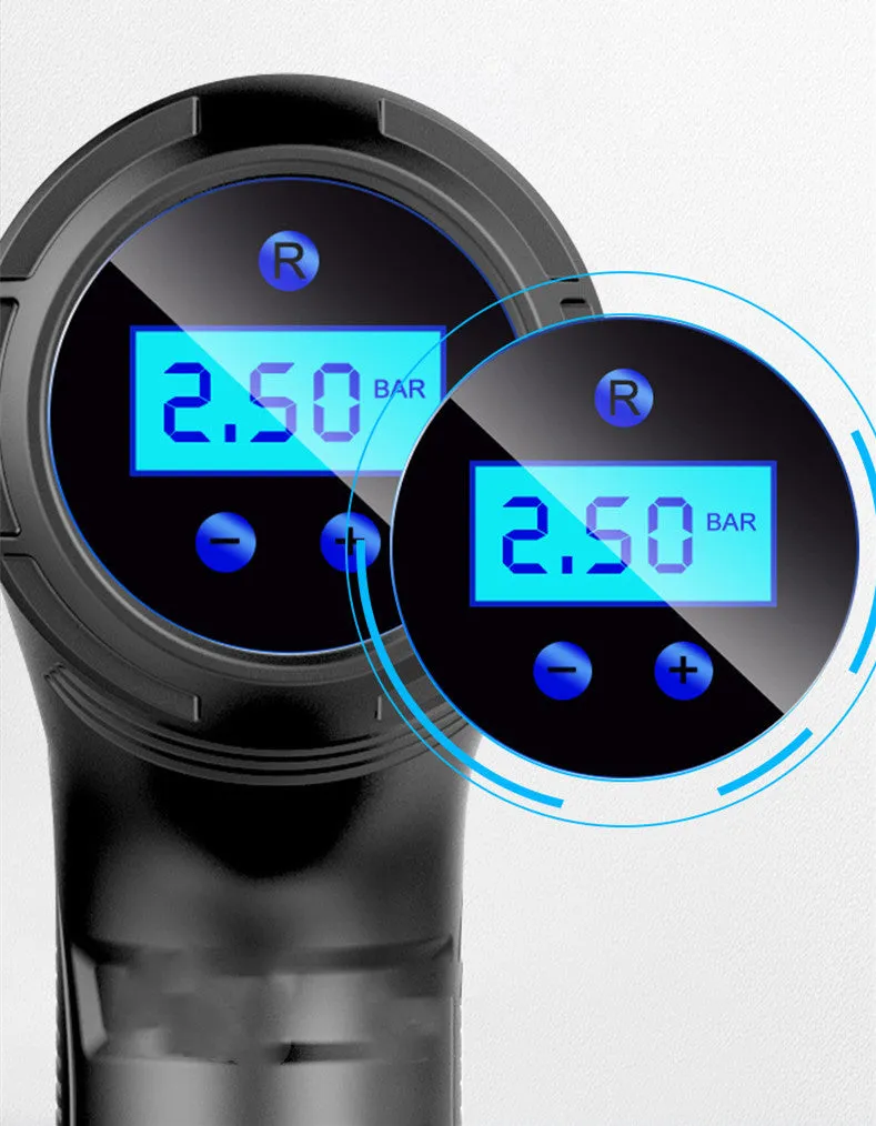 Black wireless charging car hand-held air pump with digital display and 150mm inflatable tube