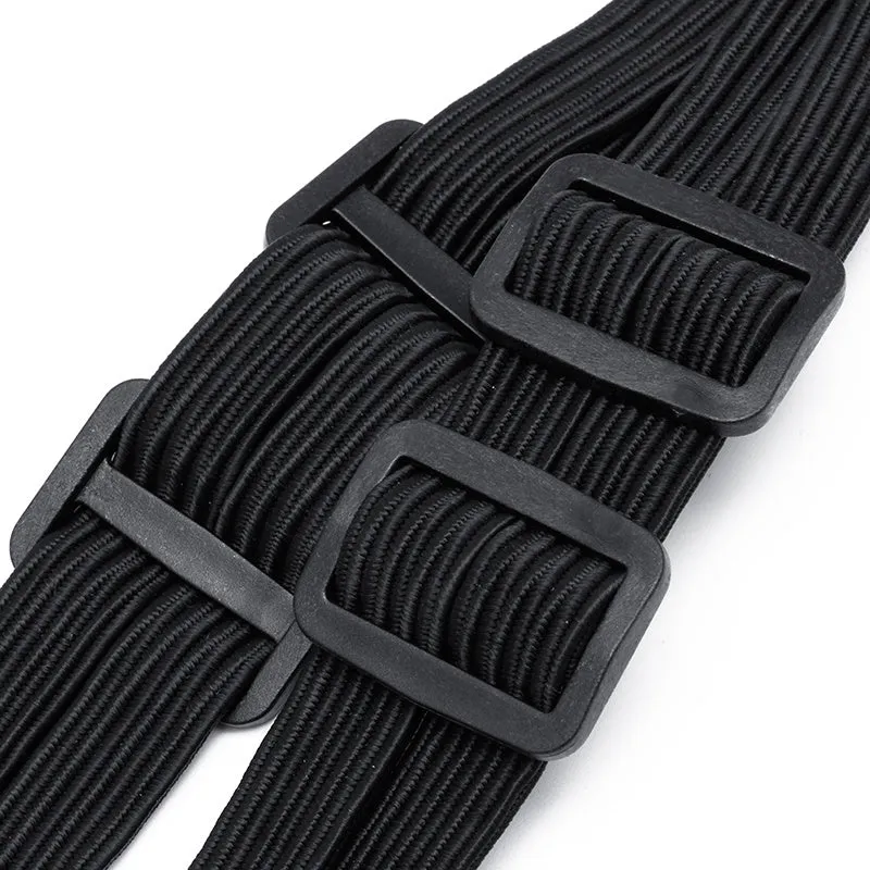 Black elastic motorcycle helmet strap with 2 hooks, 60cm relaxed length, stretching to 120cm