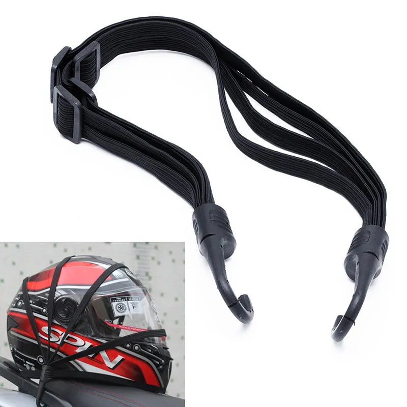 Black elastic motorcycle helmet strap with 2 hooks, 60cm relaxed length, stretching to 120cm