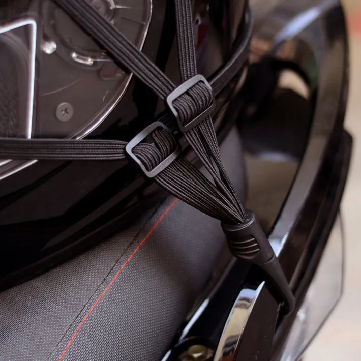 Black elastic motorcycle helmet strap with 2 hooks, 60cm relaxed length, stretching to 120cm