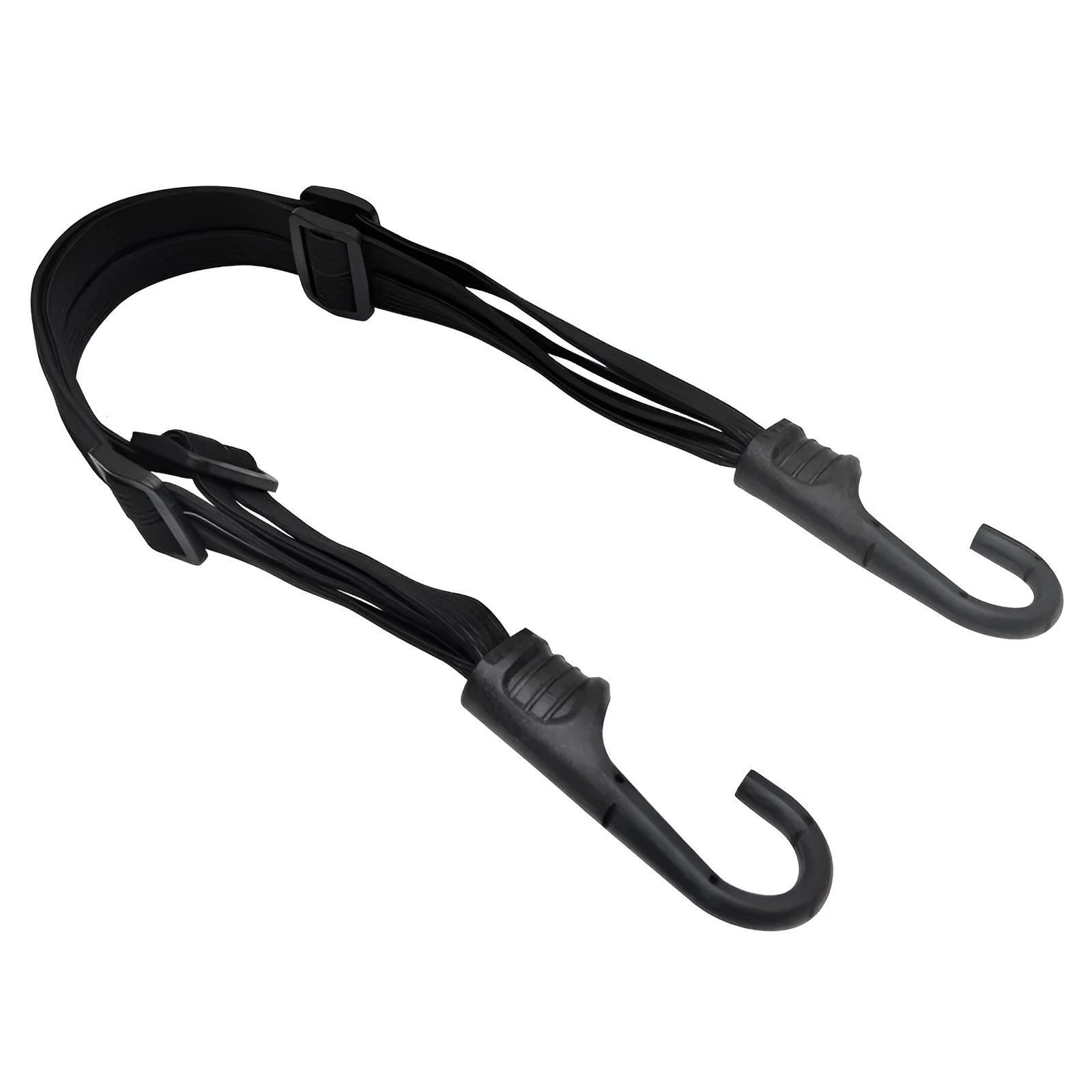 Black elastic motorcycle helmet strap with 2 hooks, 60cm relaxed length, stretching to 120cm