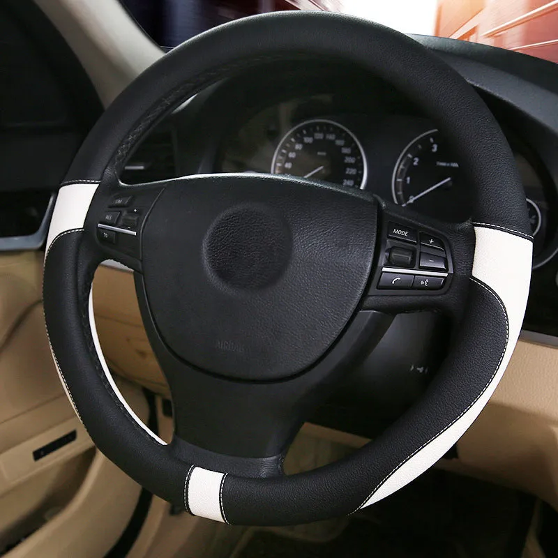 Green leather steering wheel cover for sedan with 38cm diameter on a car steering wheel