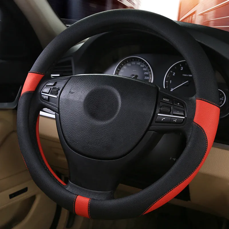 Green leather steering wheel cover for sedan with 38cm diameter on a car steering wheel