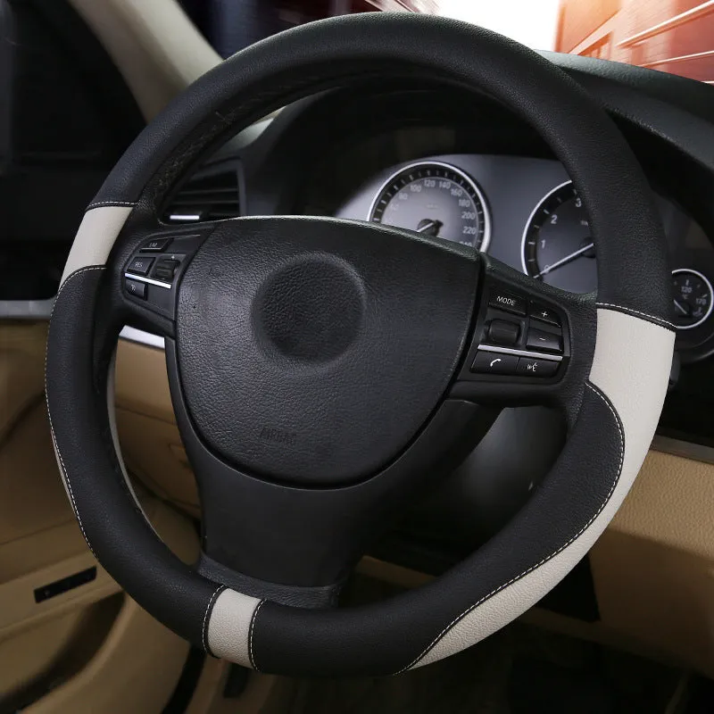 Green leather steering wheel cover for sedan with 38cm diameter on a car steering wheel