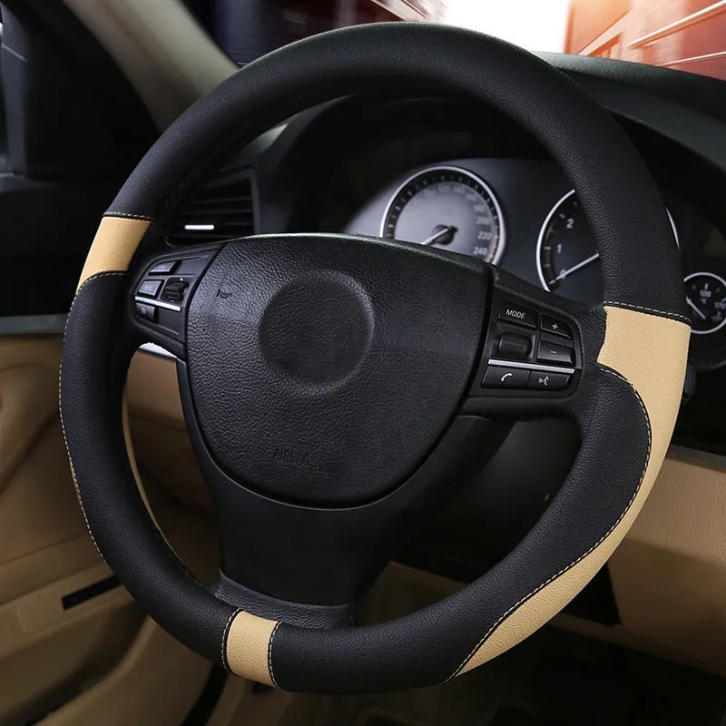 Green leather steering wheel cover for sedan with 38cm diameter on a car steering wheel