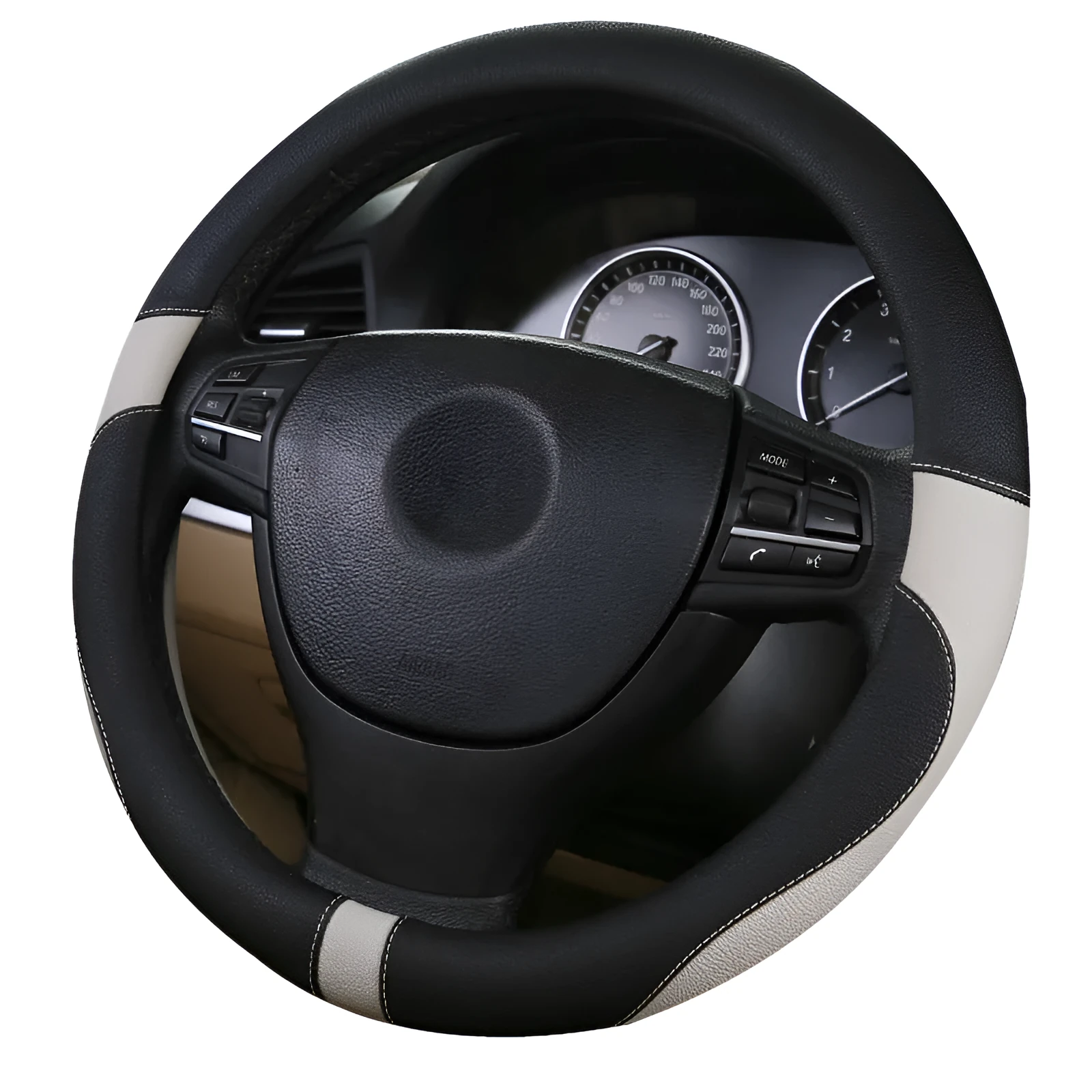 Green leather steering wheel cover for sedan with 38cm diameter on a car steering wheel