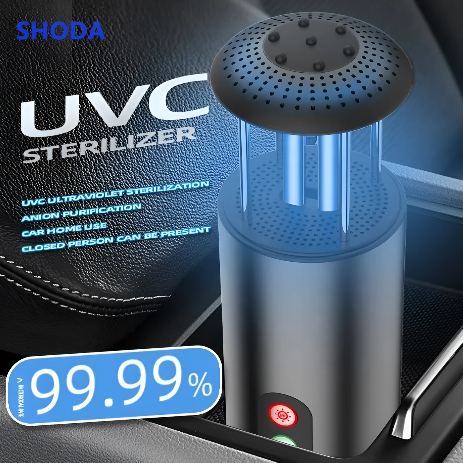 Portable mini car air purifier with True HEPA filter, USB cable, compact silver cup shape on car cup holder