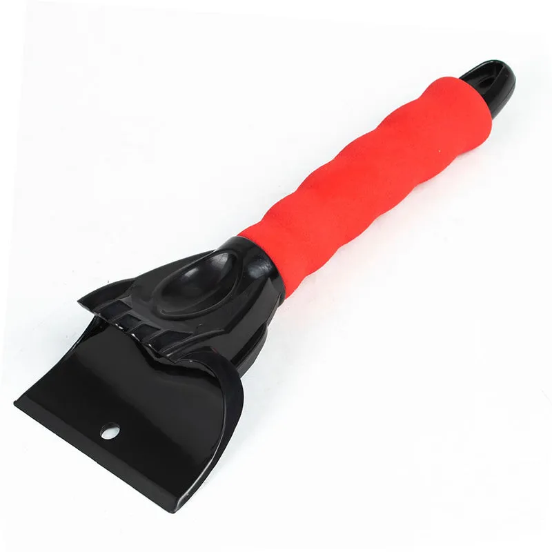 Car windshield snow scraper mitten in black with toothed and shovel edges, fleece lining, and foam handle