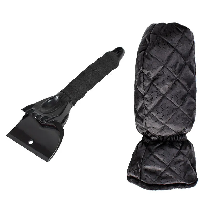 Car windshield snow scraper mitten in black with toothed and shovel edges, fleece lining, and foam handle