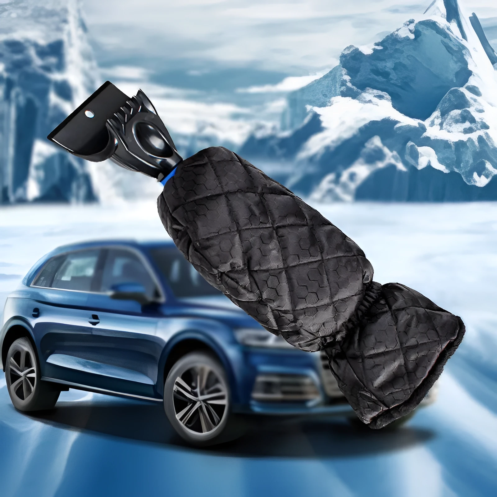 Car windshield snow scraper mitten in black with toothed and shovel edges, fleece lining, and foam handle