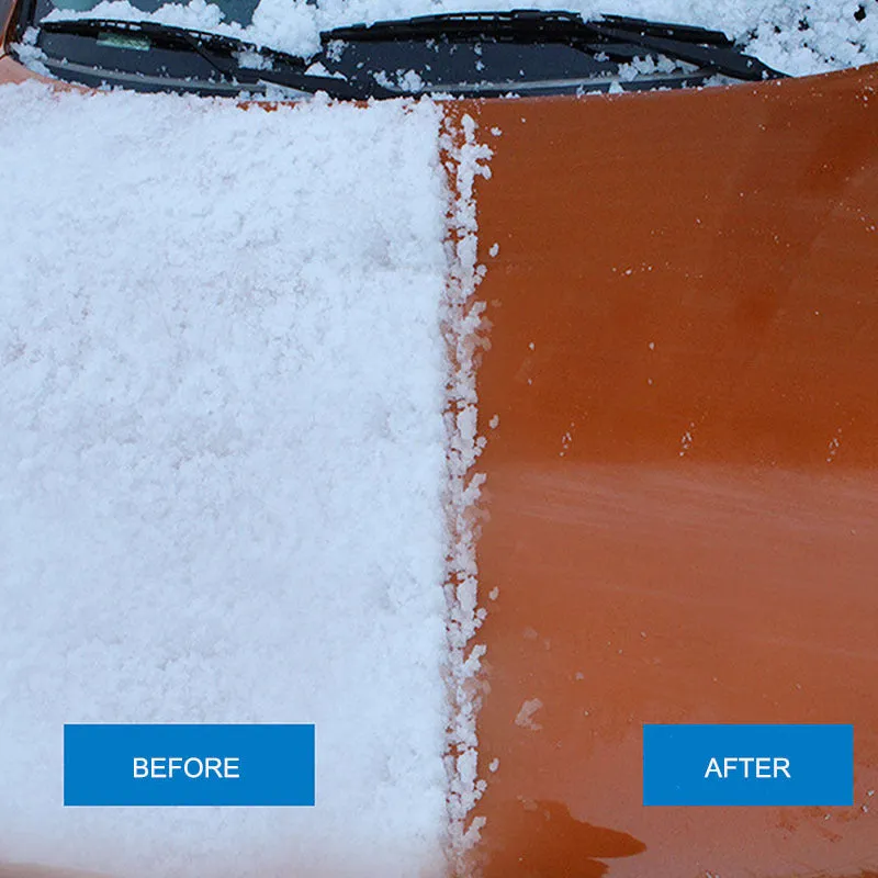 Car windshield snow scraper mitten in black with toothed and shovel edges, fleece lining, and foam handle