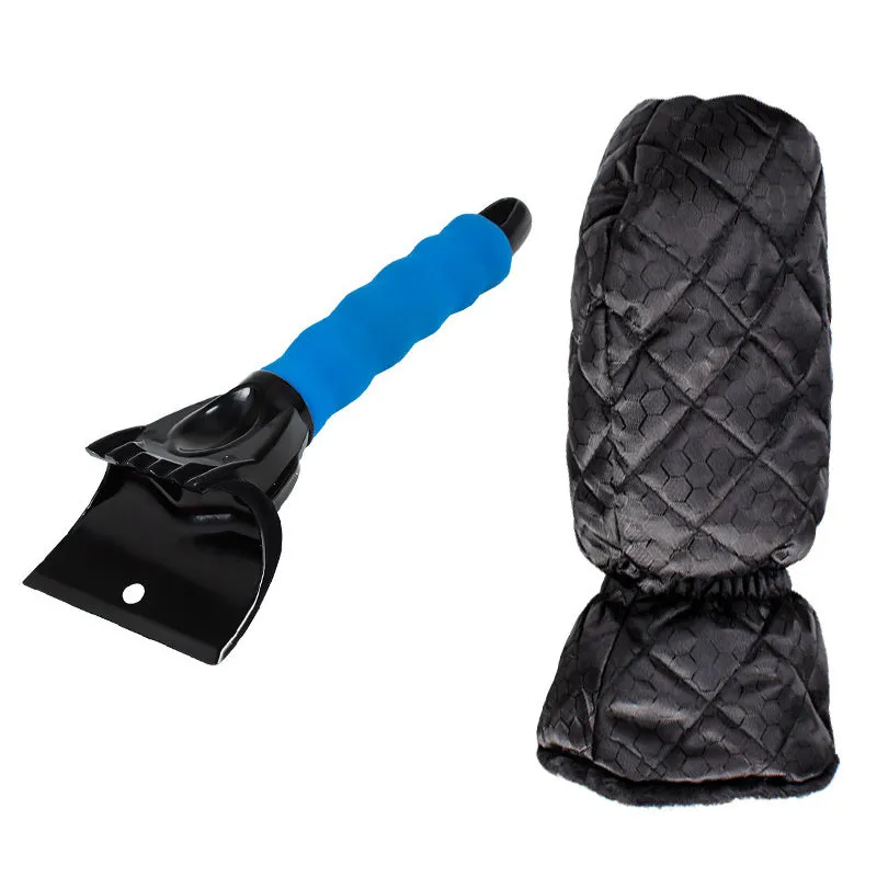 Car windshield snow scraper mitten in black with toothed and shovel edges, fleece lining, and foam handle