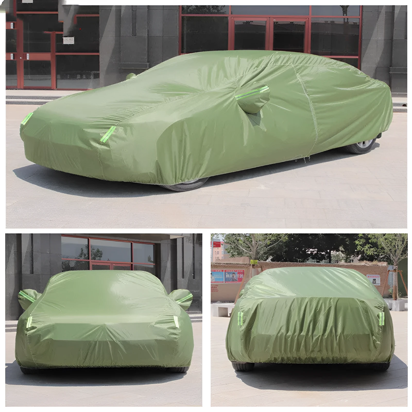 Silver-coated black taffeta universal car cover fitted over a sedan in outdoor parking