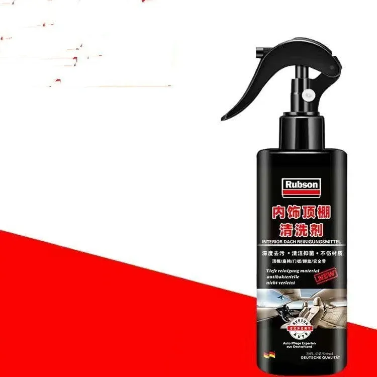 Bottle of enzyme-based fabric ceiling cleaner with towel and sponge wipes on a car roof