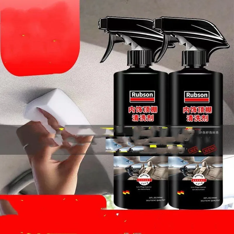 Bottle of enzyme-based fabric ceiling cleaner with towel and sponge wipes on a car roof