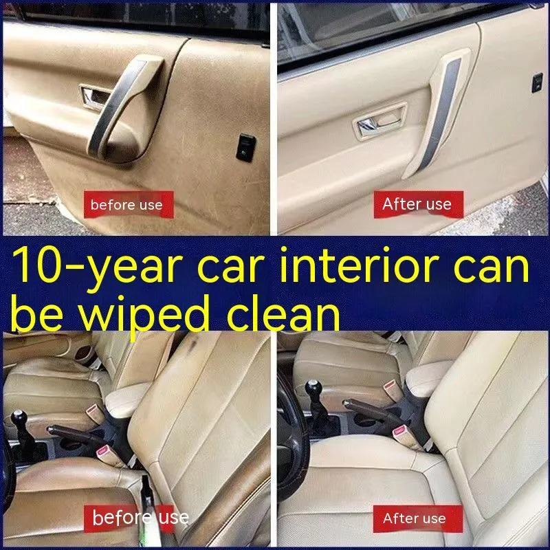 Bottle of enzyme-based fabric ceiling cleaner with towel and sponge wipes on a car roof