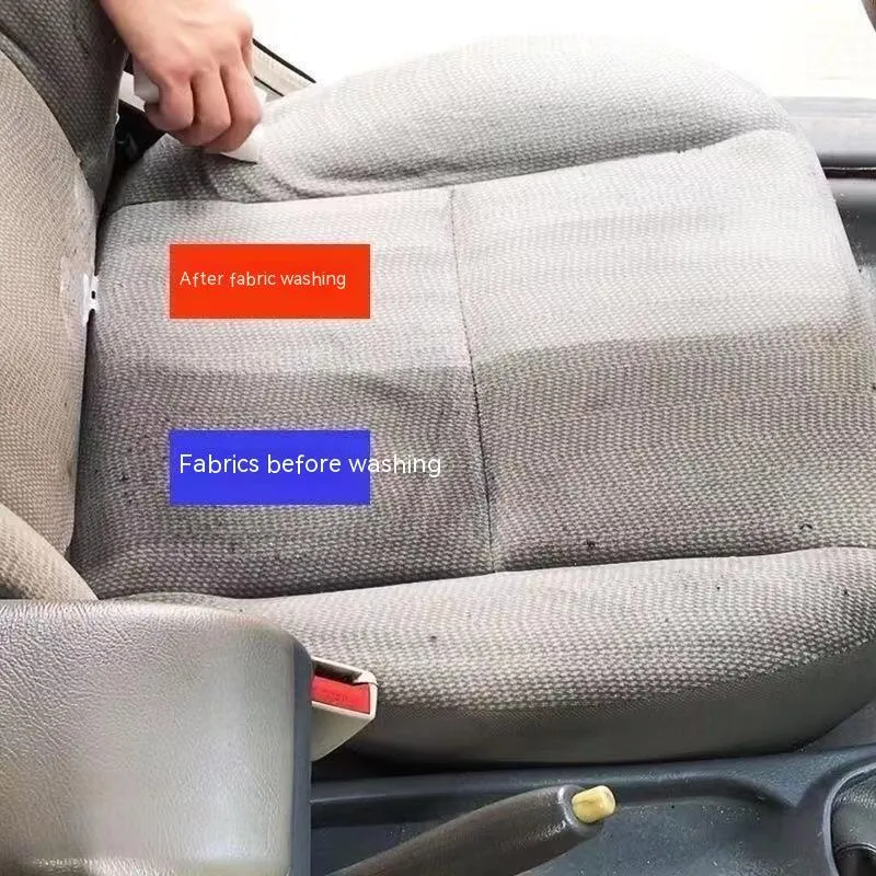 Bottle of enzyme-based fabric ceiling cleaner with towel and sponge wipes on a car roof