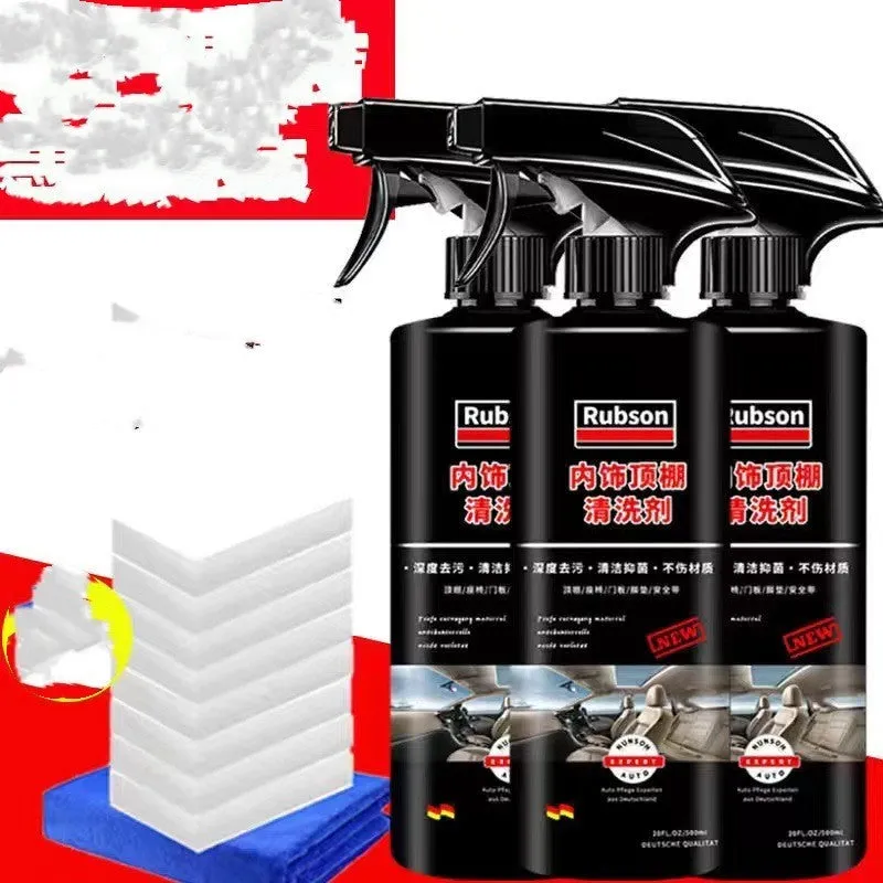 Bottle of enzyme-based fabric ceiling cleaner with towel and sponge wipes on a car roof