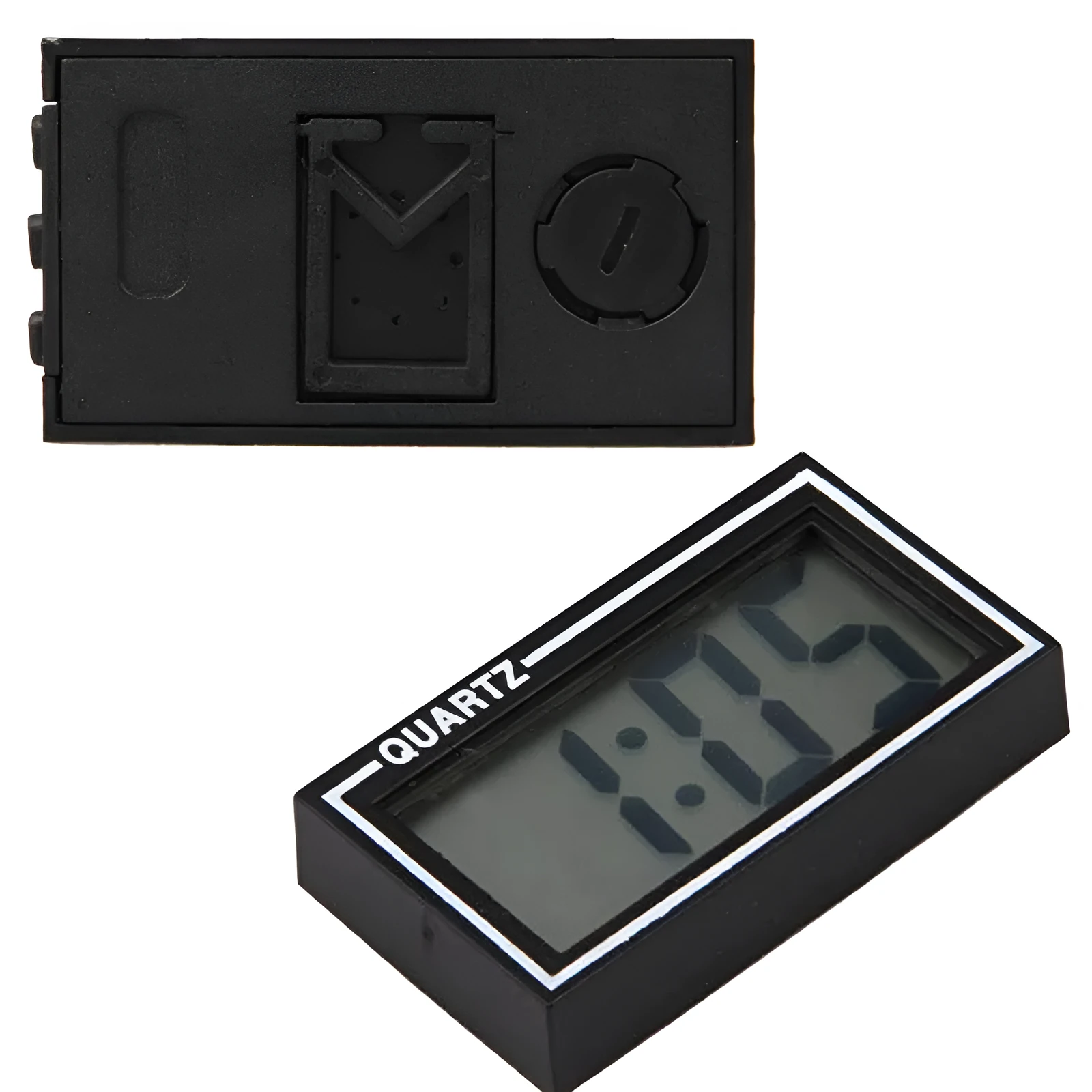 Battery-powered car clock with plastic case and ordinary glass mirror on a dashboard