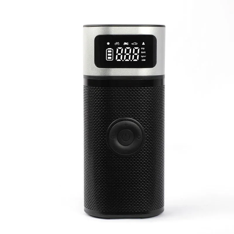Black portable wireless air pump with 15cm tube, multiple nozzles and USB charging cable