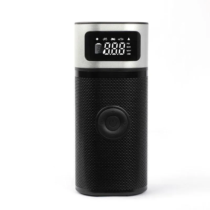 Black portable wireless air pump with 15cm tube, multiple nozzles and USB charging cable