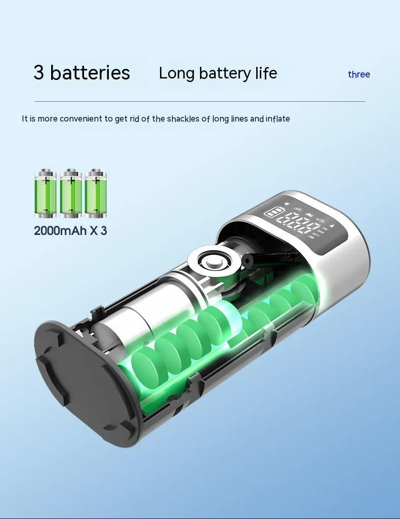 Black portable wireless air pump with 15cm tube, multiple nozzles and USB charging cable