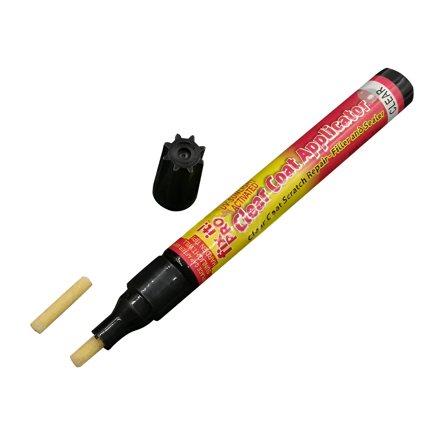 Transoceanic car touch-up pen with clear coat repair resin in aluminum tube, on surface