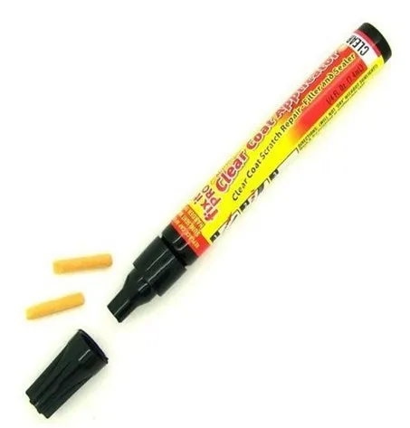 Transoceanic car touch-up pen with clear coat repair resin in aluminum tube, on surface