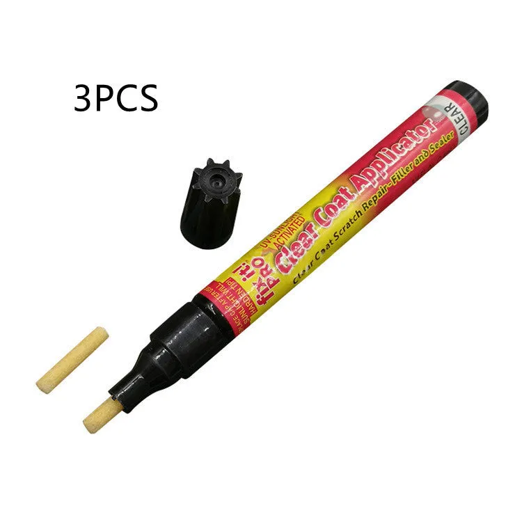 Transoceanic car touch-up pen with clear coat repair resin in aluminum tube, on surface