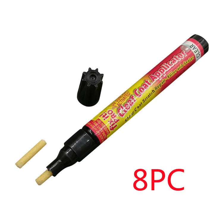 Transoceanic car touch-up pen with clear coat repair resin in aluminum tube, on surface