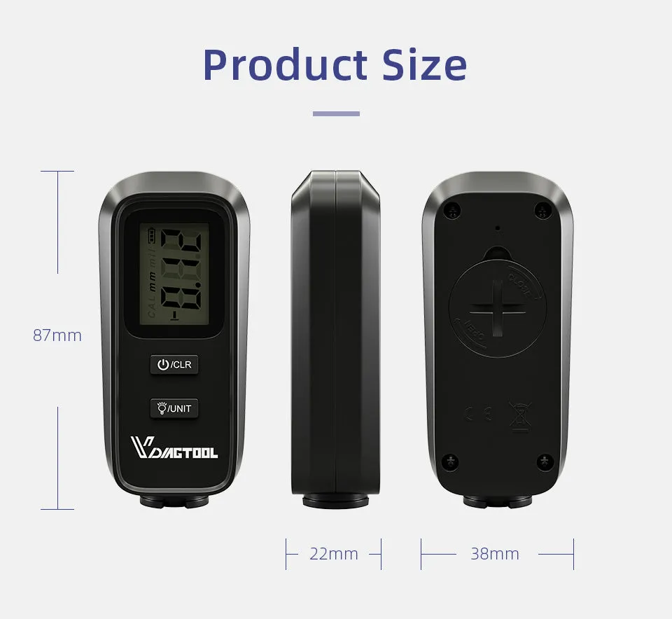Black plastic automotive paint coating thickness gauge with digital display measuring 38 x 87 x 22 mm