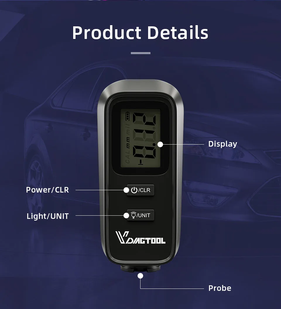 Black plastic automotive paint coating thickness gauge with digital display measuring 38 x 87 x 22 mm