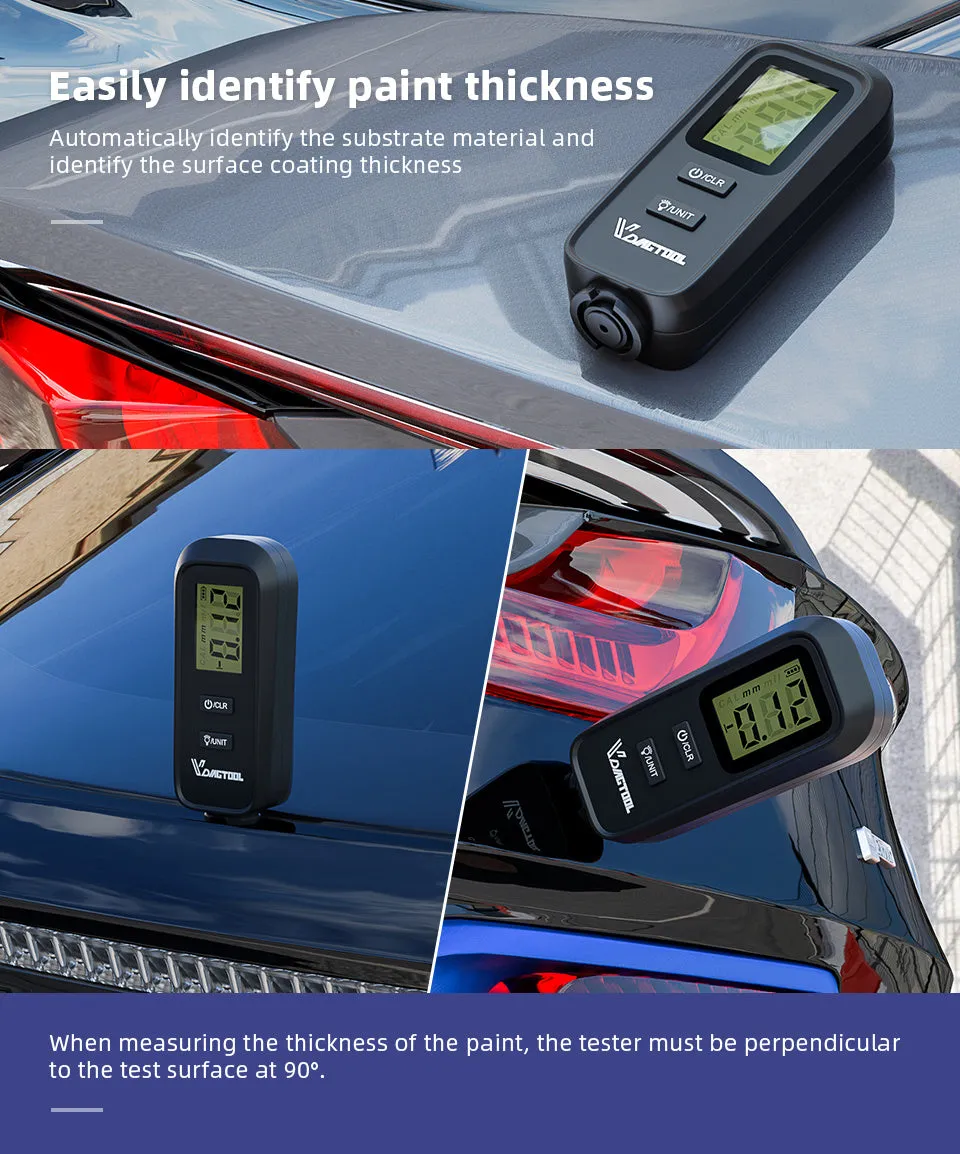 Black plastic automotive paint coating thickness gauge with digital display measuring 38 x 87 x 22 mm
