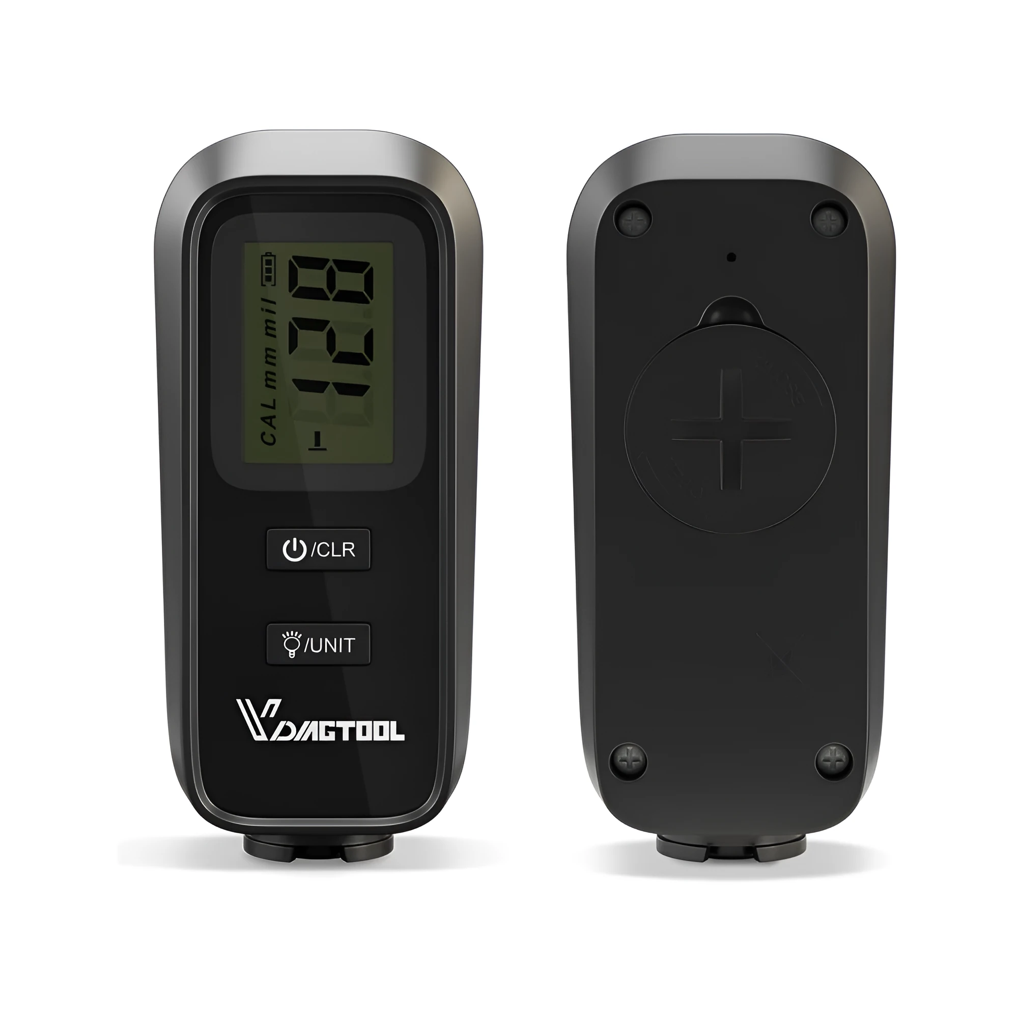 Black plastic automotive paint coating thickness gauge with digital display measuring 38 x 87 x 22 mm